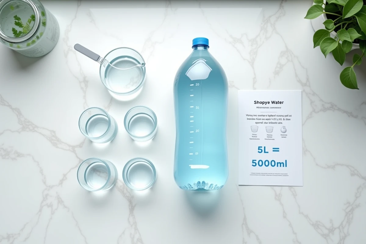 Vue de dessus d'un plan de travail en marbre avec une bouteille de 5 litres, cinq récipients de 1000 ml et une fiche de conversion litres en millilitres