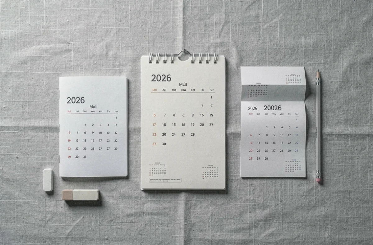 Flatlay de trois formats de calendriers imprimés minimalistes 2026 sur fond de lin gris pâle, design cohérent typographie épurée et palette bicolore
