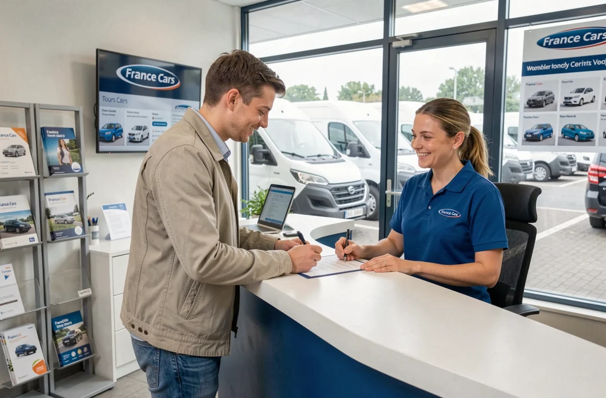 Client signant un contrat de location chez France Cars à Tours