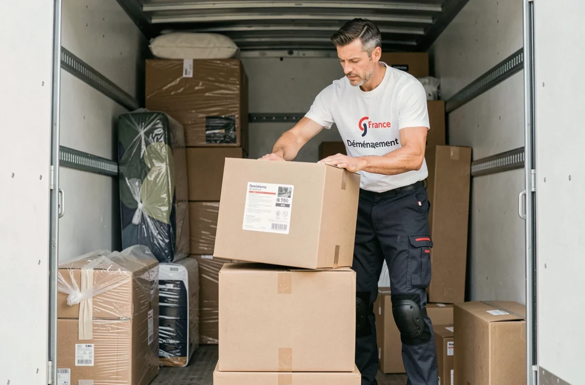 Déménageur France Déménagement rangeant des cartons dans un camion professionnel