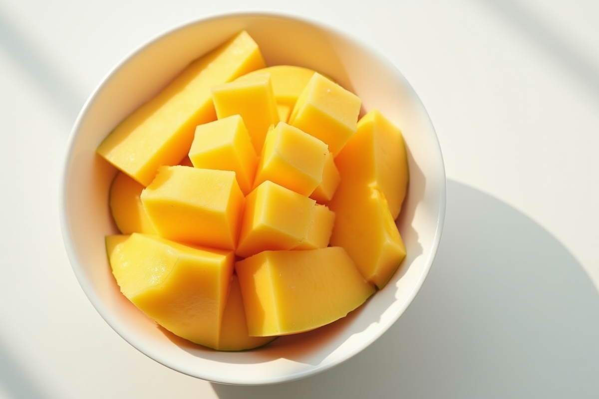 Fruits tranches dans un bol blanc sur fond clair