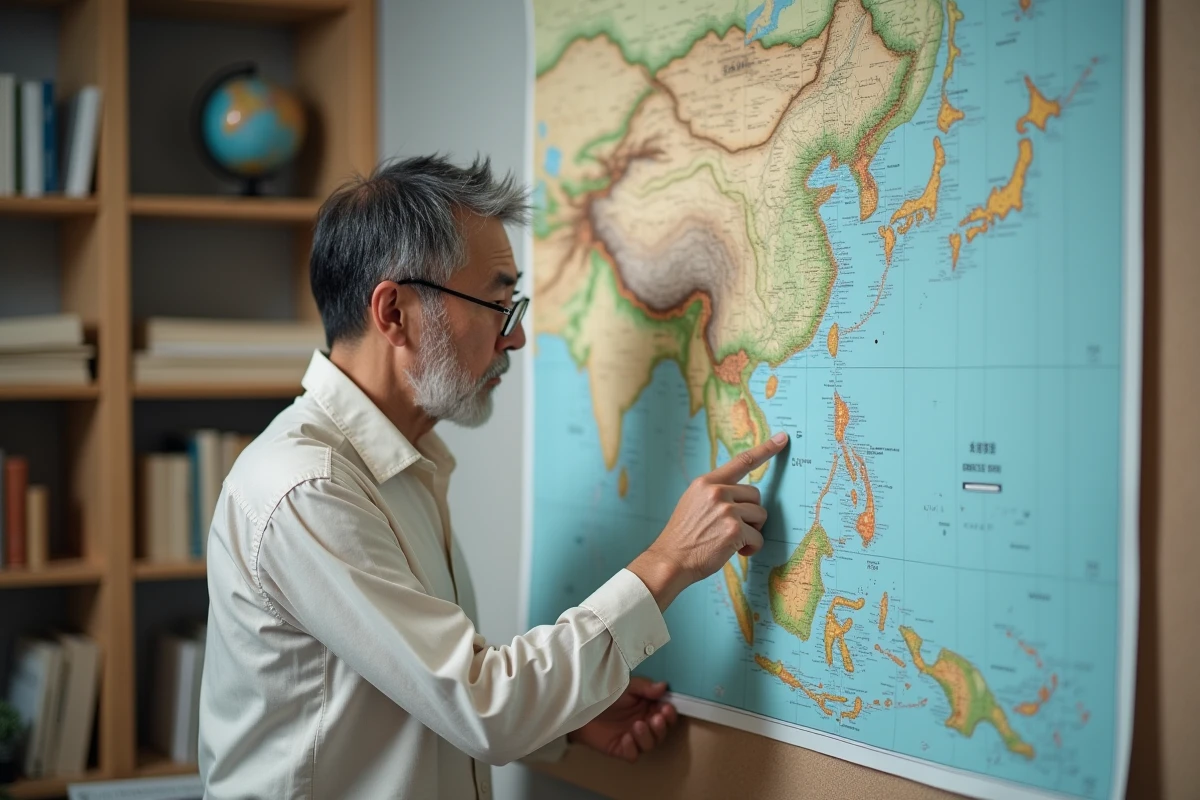 Géographe japonais étudiant une carte topographique du Japon et pointant une baie côtière dans son bureau