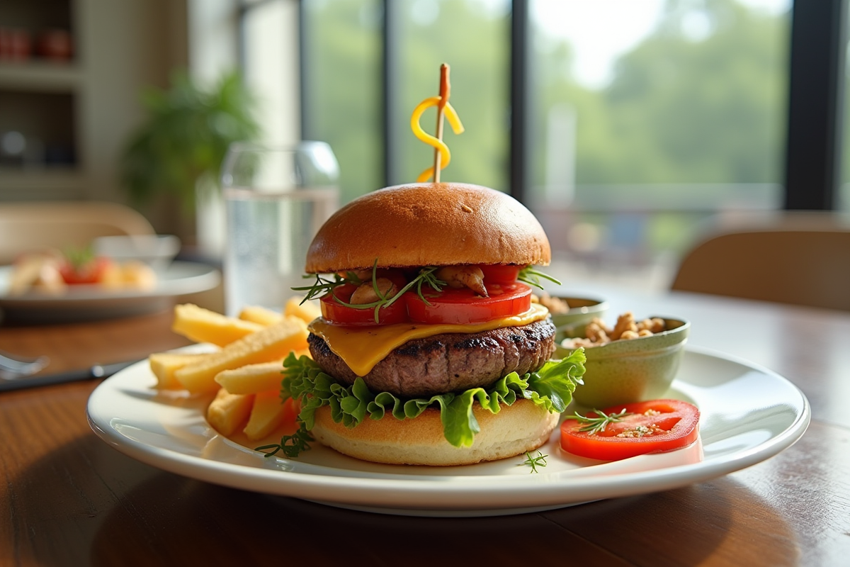 Burger gourmet avec légumes frais et herbes sur assiette blanche