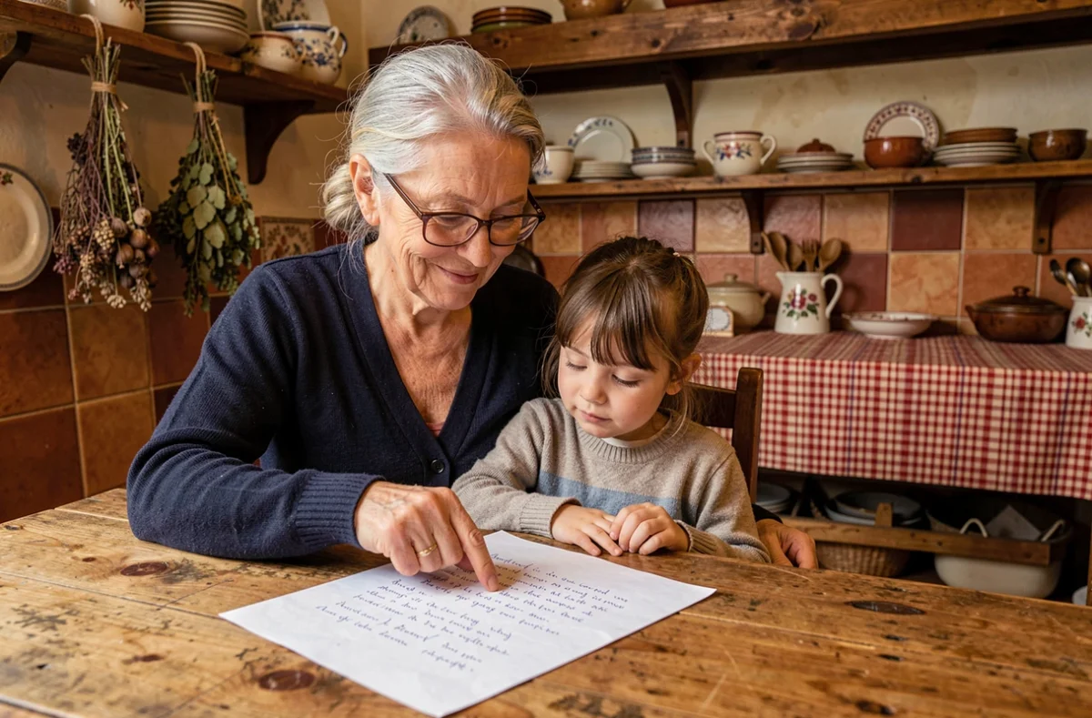 Grand-mère apprenant les paroles de La maison de ma tante à sa petite-fille dans une cuisine rustique