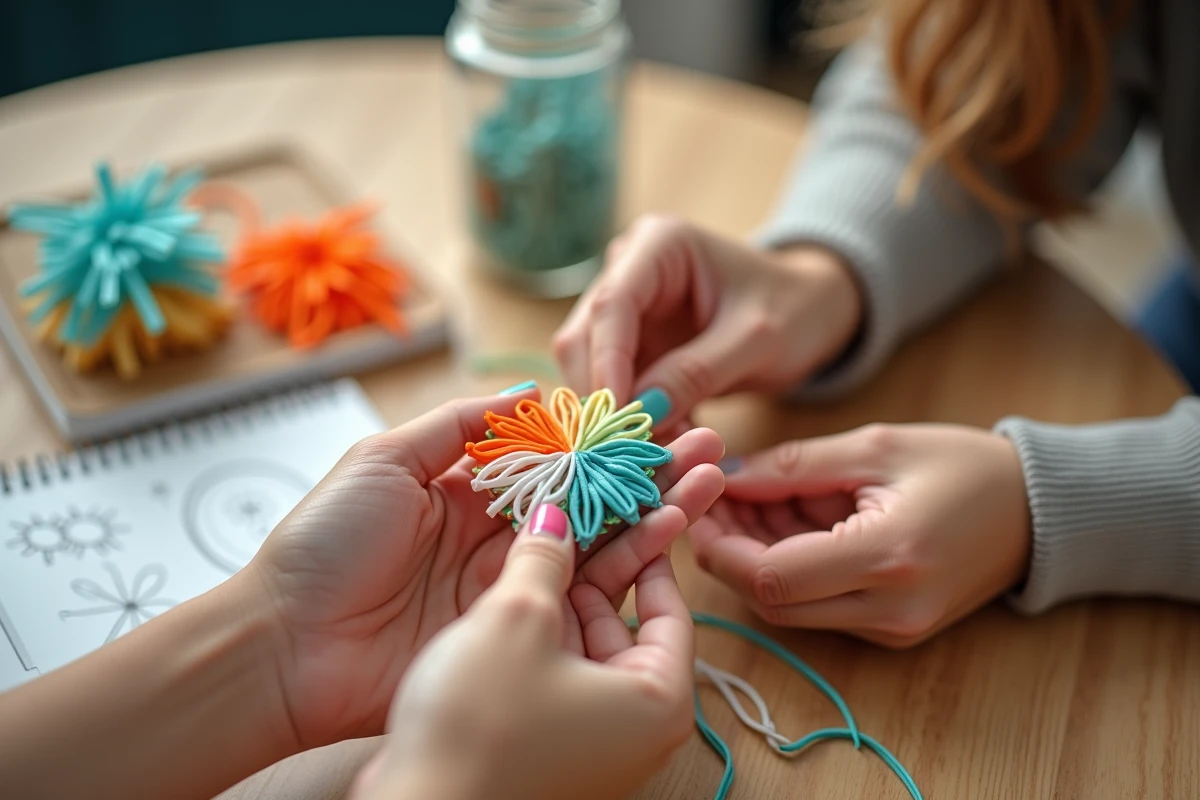 Gros plan de mains adultes et adolescentes tressant une fleur en scoubidou multicolore sur une table en bois