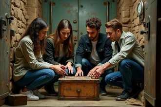Groupe d'adultes en train de résoudre une énigme dans une salle d'escape game à Lyon avec décor vintage et murs en pierre