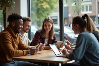 Groupe de jeunes adultes avec appareils numériques dans un café