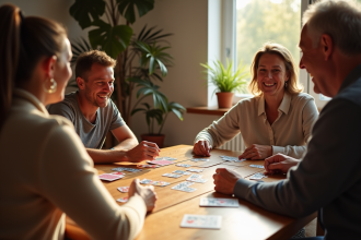Groupe de personnes jouant à SkipBo à la cuisine ensoleillée