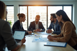 Groupe de professionnels en réunion collaborative avec lumière naturelle