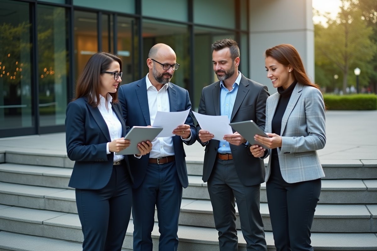 Groupe de professionnels discutant en extérieur avec tablettes
