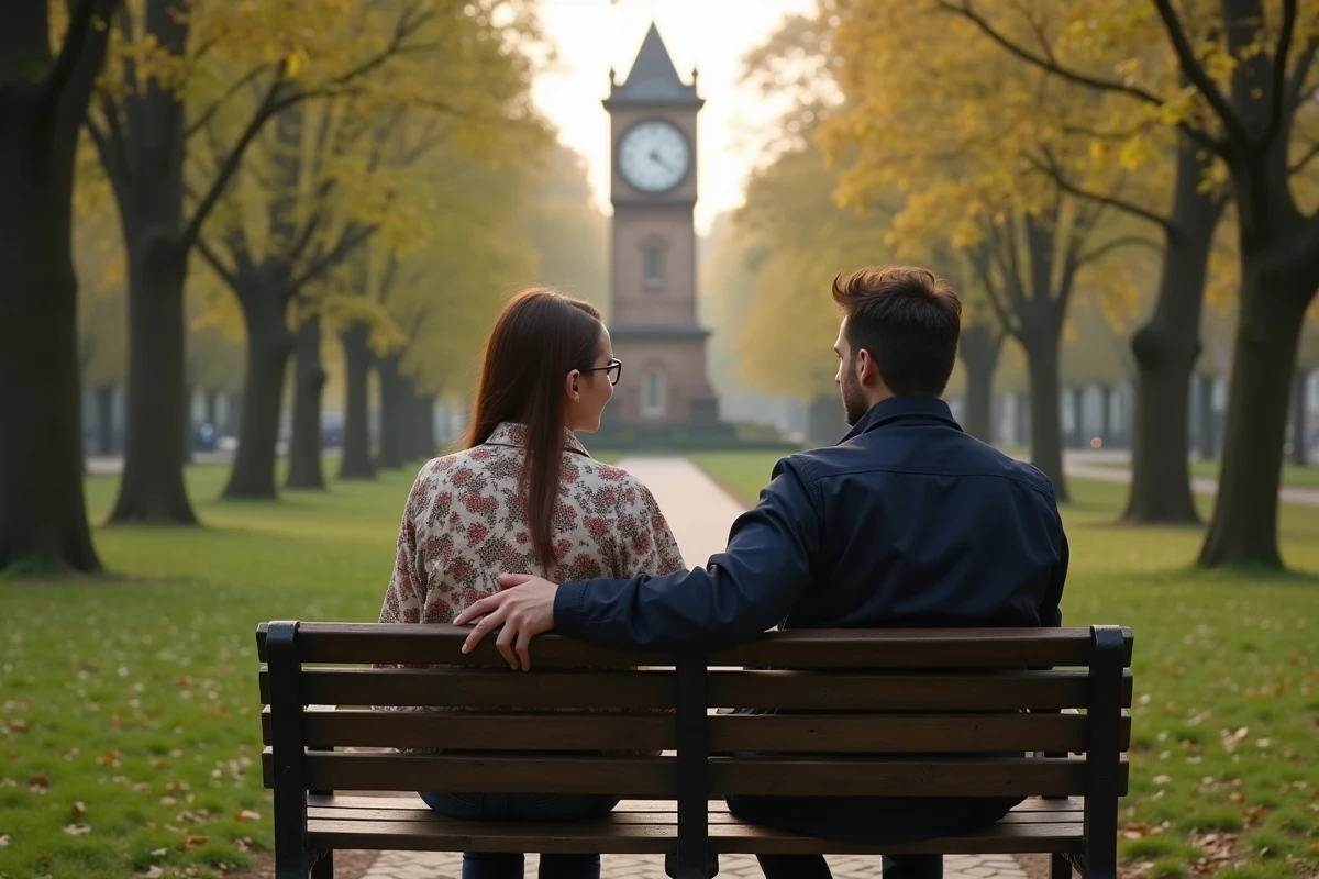 Couple assis dans un parc observant une tour d'horloge indiquant 08h08, symbolisant l'heure miroir en amour