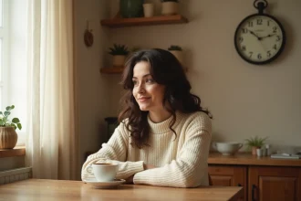 Femme contemplant une horloge affichant 08h08 dans une cuisine chaleureuse, symbolisant l'heure miroir et la synchronicité