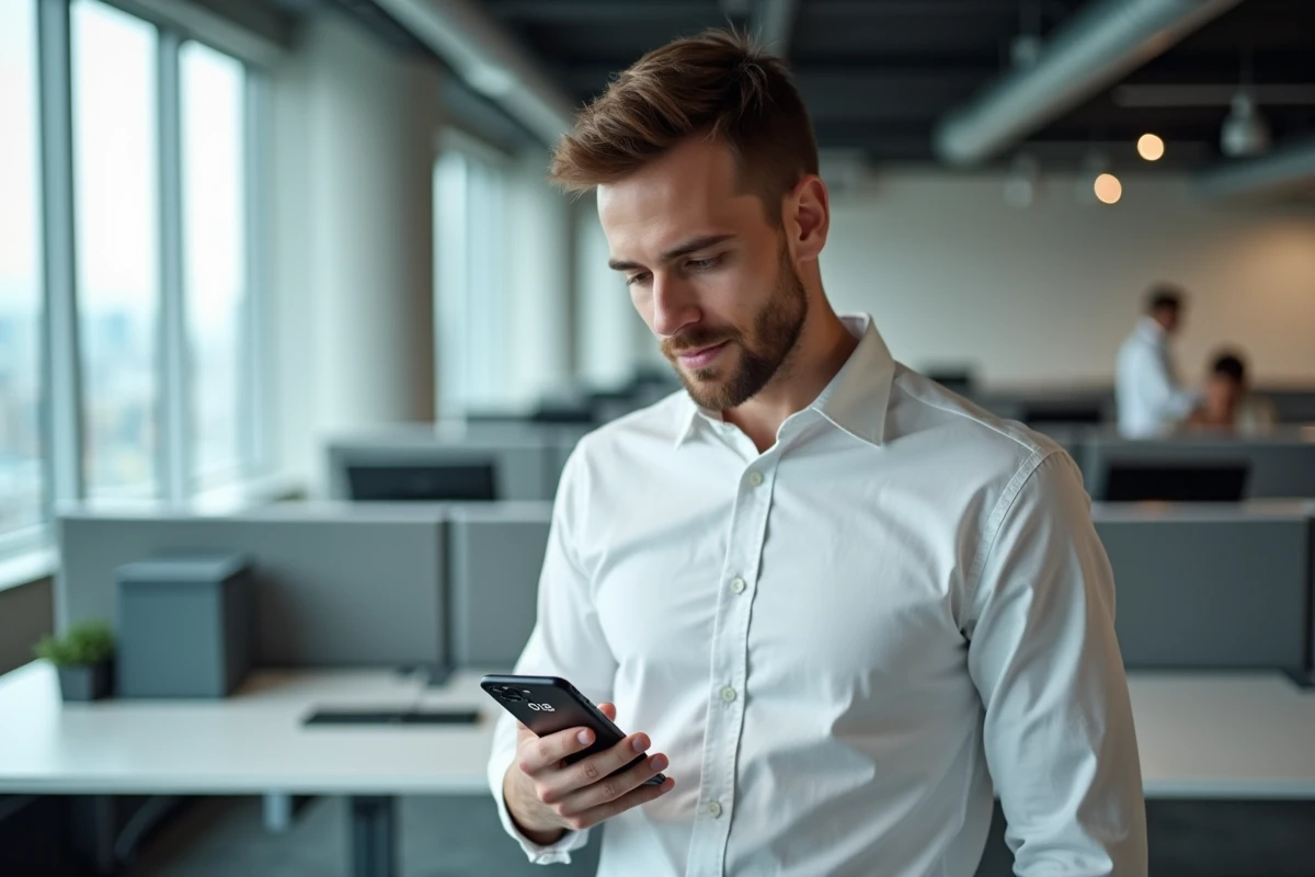 Homme en bureau découvrant l'heure miroir 08h08 sur son smartphone, lien avec la numérologie et le travail