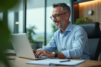 Homme d'affaires analysant des données financières dans un bureau lumineux