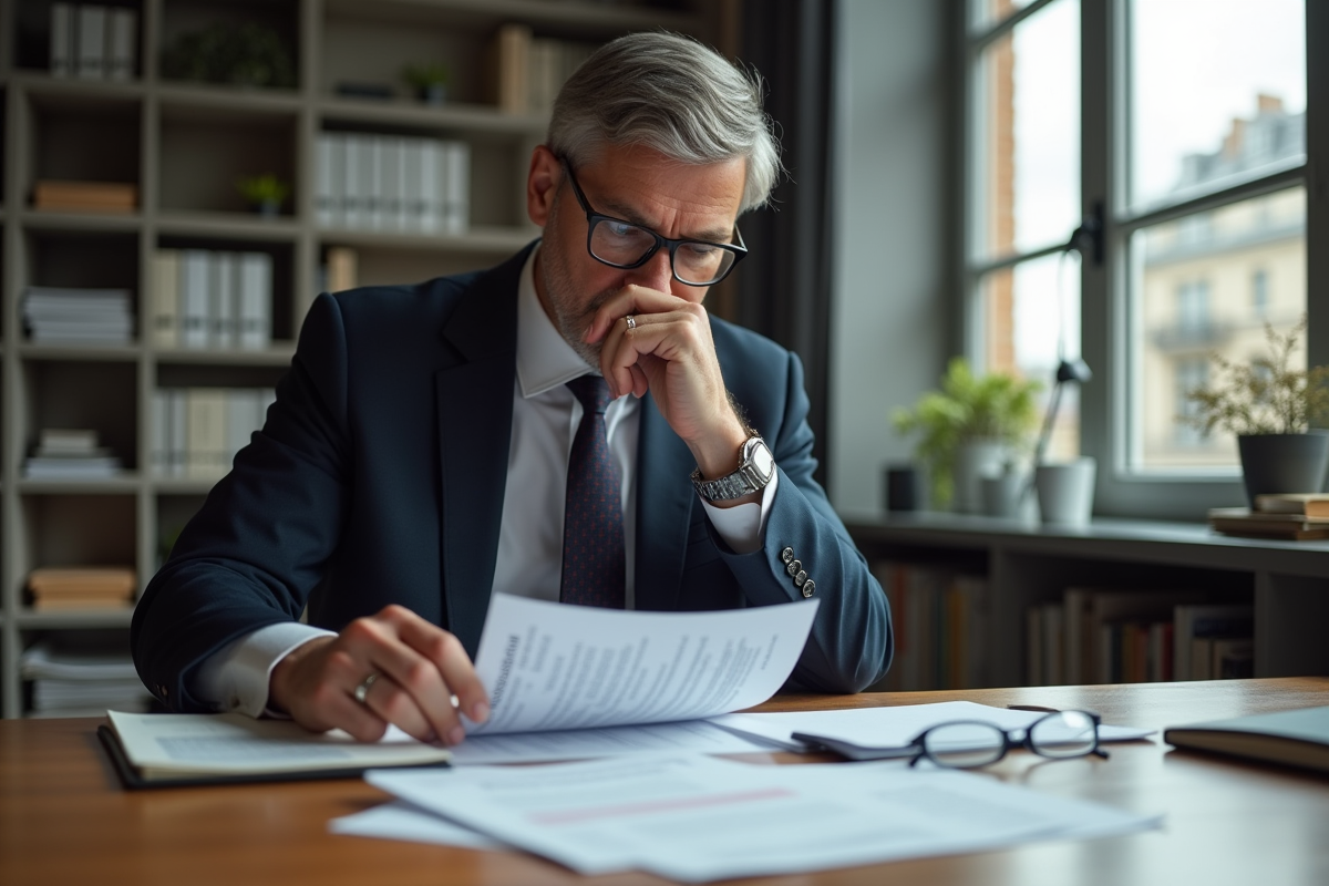 Homme d'affaires examine des documents de credit logement