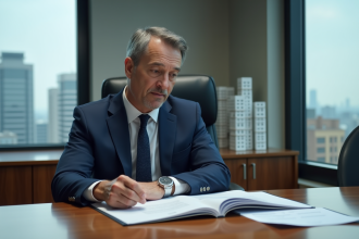 Homme d'affaires en costume dans un bureau moderne avec skyline