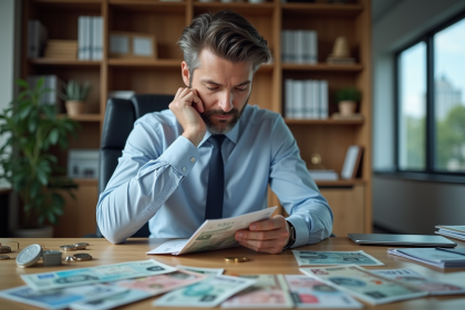 Homme d'affaires examinant des devises internationales sur un bureau
