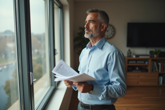 Homme d'affaires pensif tenant des documents dans un salon moderne