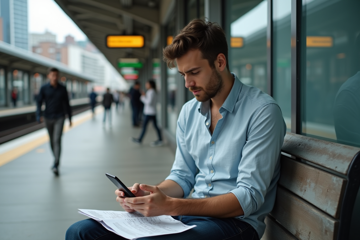 Jeune homme assis sur un banc de gare avec documents de prêt