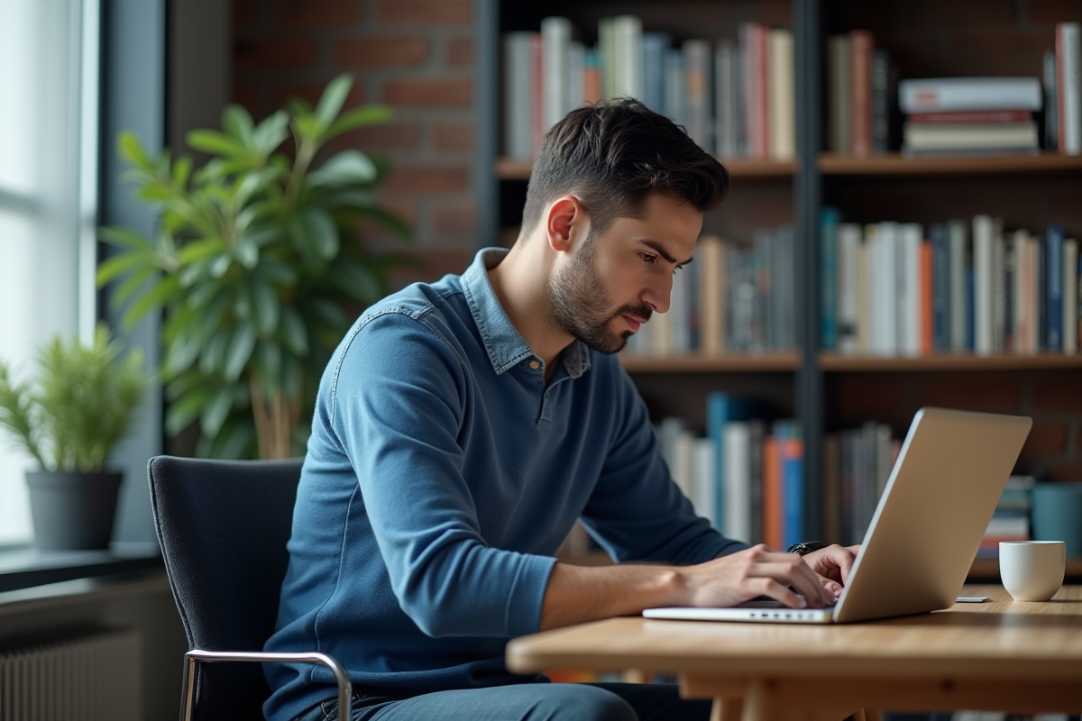Homme concentré travaillant sur son ordinateur dans un bureau à domicile