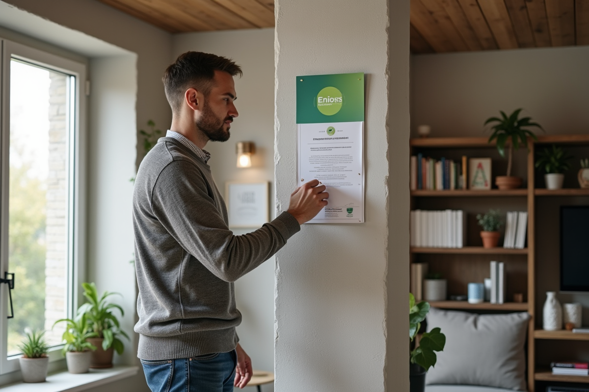 Homme regardant un certificat d energie dans un salon renové