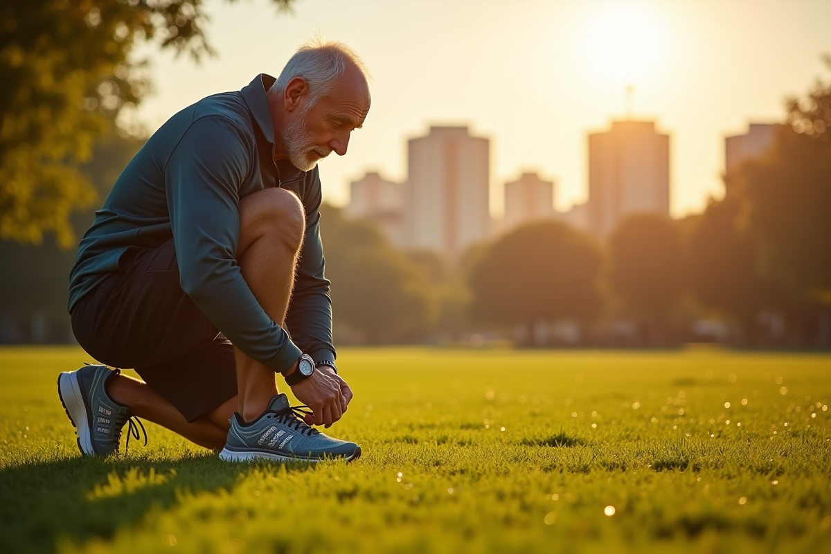 Homme âgé nouant ses chaussures dans un parc au lever du soleil