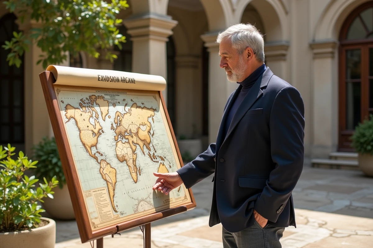 Homme examine une carte de l exposition dans une cour ensoleillee