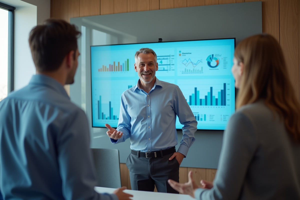 Homme en discussion avec ses collègues devant un tableau de productivite