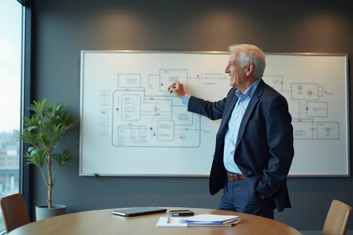 Homme d age en réunion expliquant un diagramme