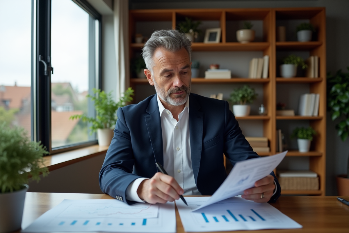 Homme d'âge moyen en costume bleu dans un bureau moderne
