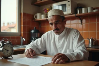Homme consultant un horaire de prière islamique à Toulouse avec une horloge analogique sur la table