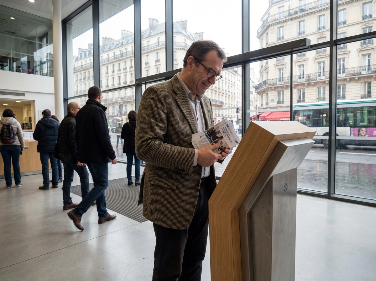 Homme d affaires regardant des brochures dans un centre parisien