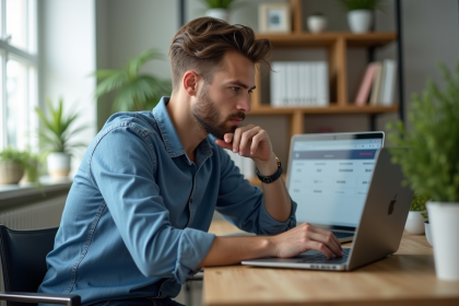 Homme concentré sur son ordinateur portable avec portefeuille digital