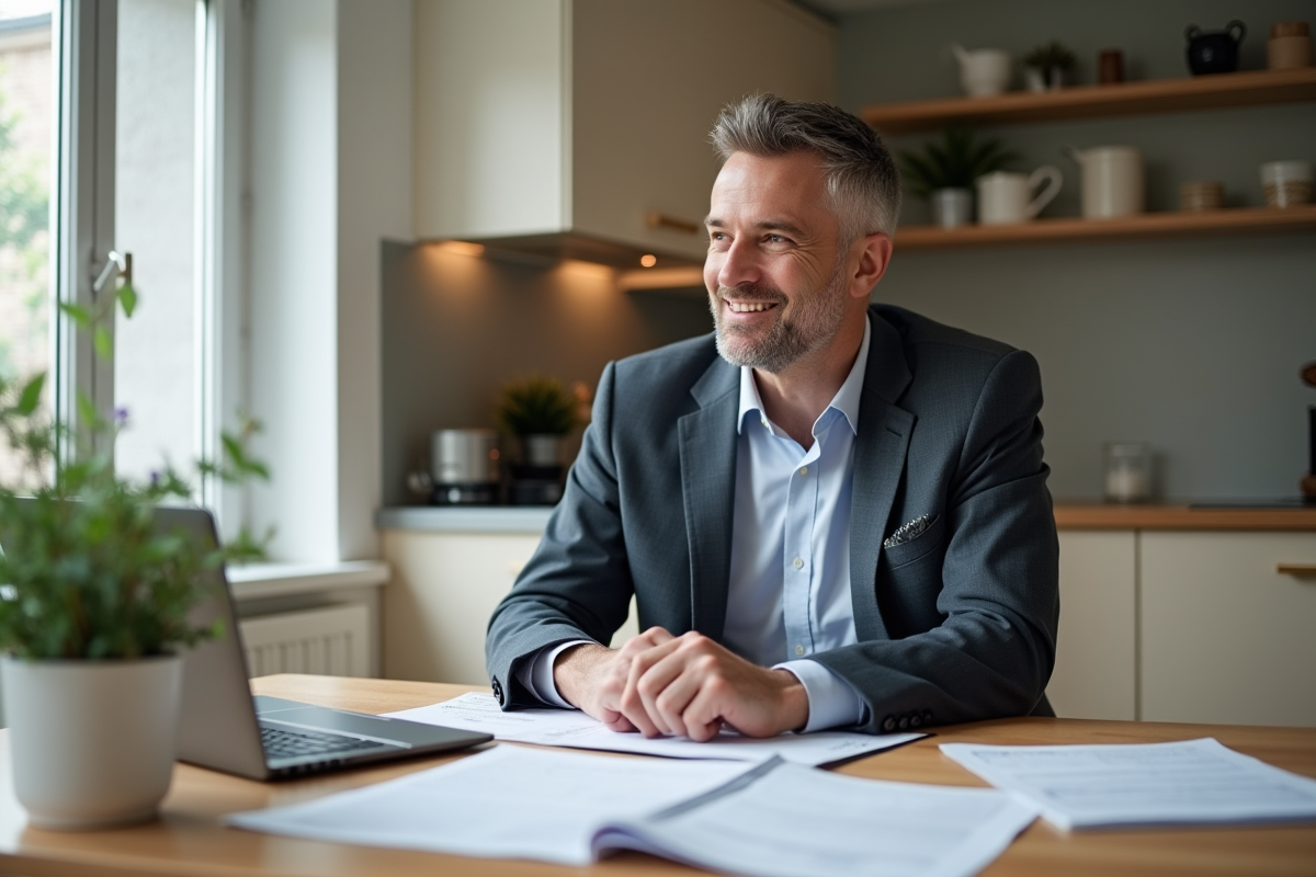 Homme d'âge moyen lisant des papiers immobiliers dans un intérieur lumineux