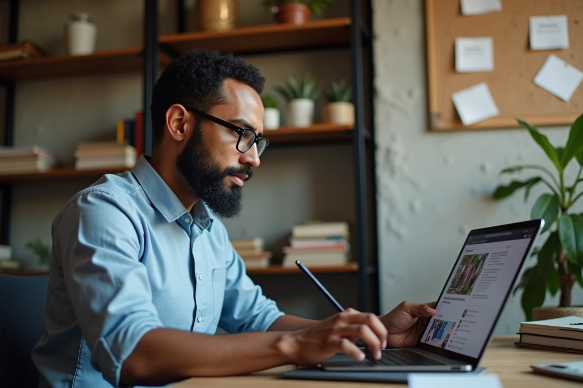 Homme malgache travaillant sur un ordinateur dans un bureau à domicile