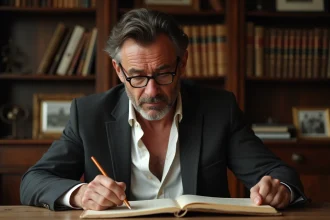 Homme méditerranéen lisant des documents anciens dans un bureau parisien