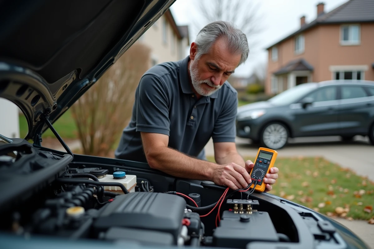 Homme testant la tension d'une batterie de voiture avec un multimètre dans une allée résidentielle, erreurs courantes à éviter