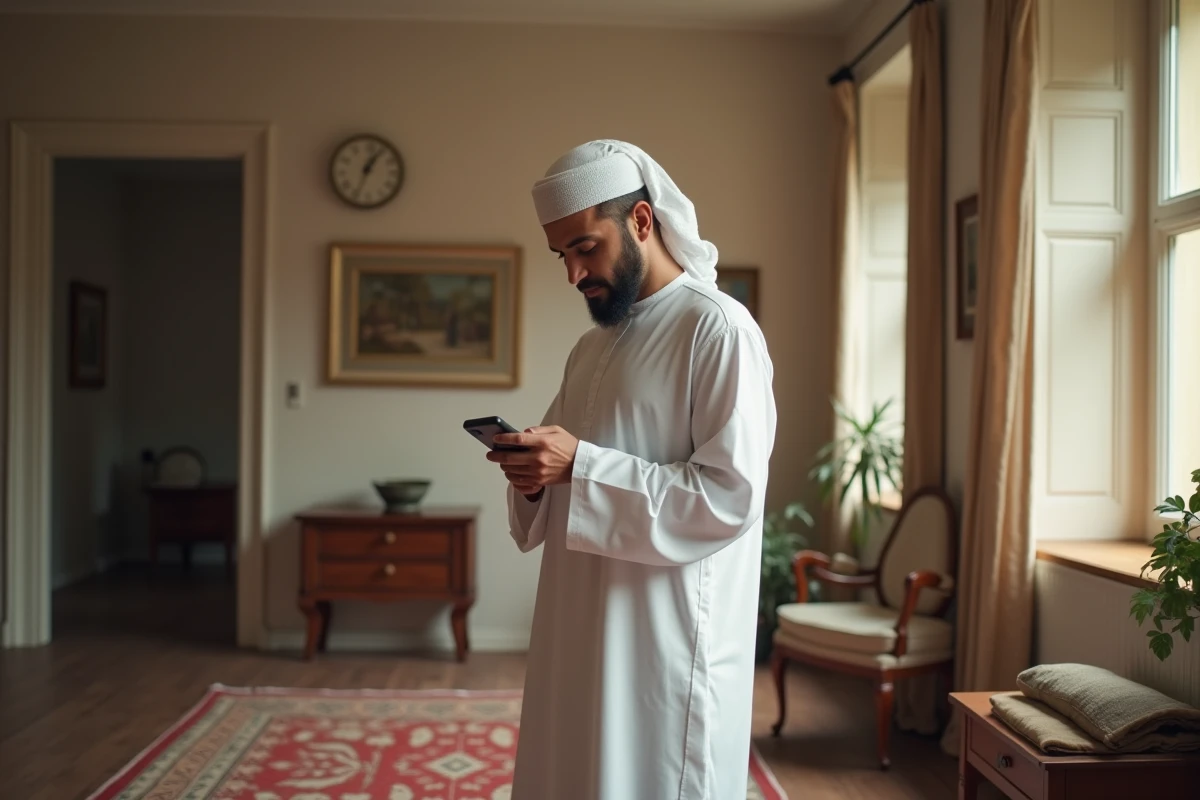 Homme musulman en thobe lisant l'heure de prière dans un salon