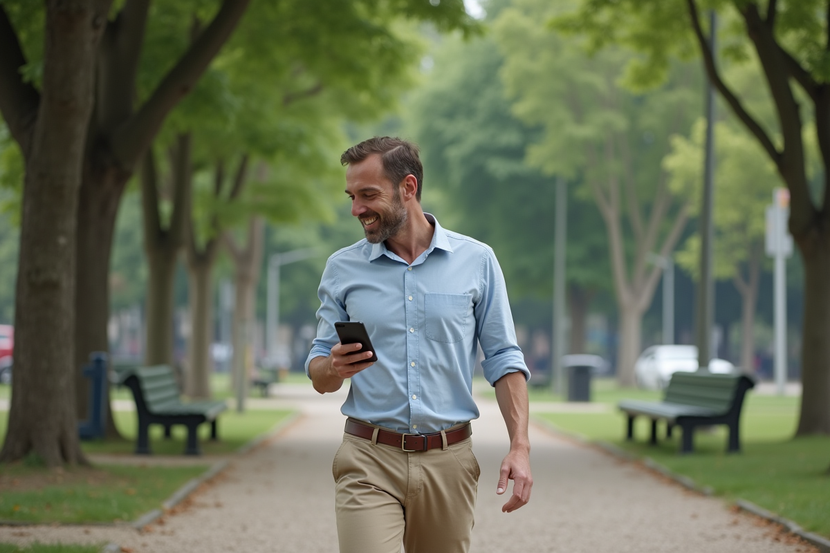 Homme marche dans un parc urbain avec smartphone