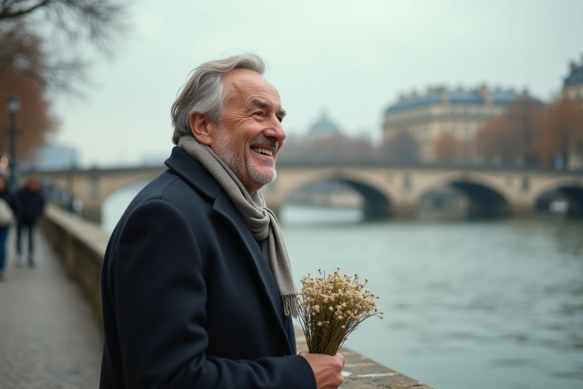 Homme élégant sur les quais de la Seine à Paris tenant des fleurs, évoquant une déclaration d'amour romantique