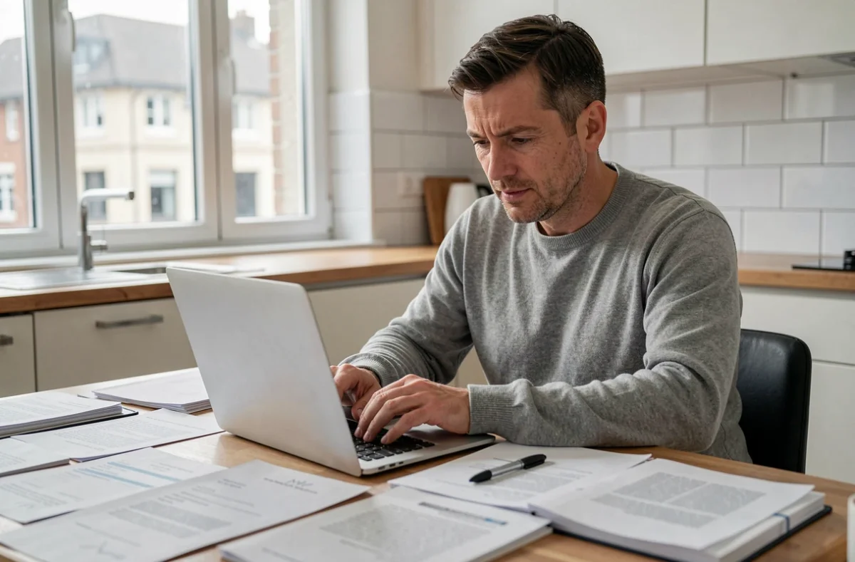 Homme rédigeant un modèle de lettre de réclamation sur ordinateur portable entouré de documents administratifs dans une cuisine moderne