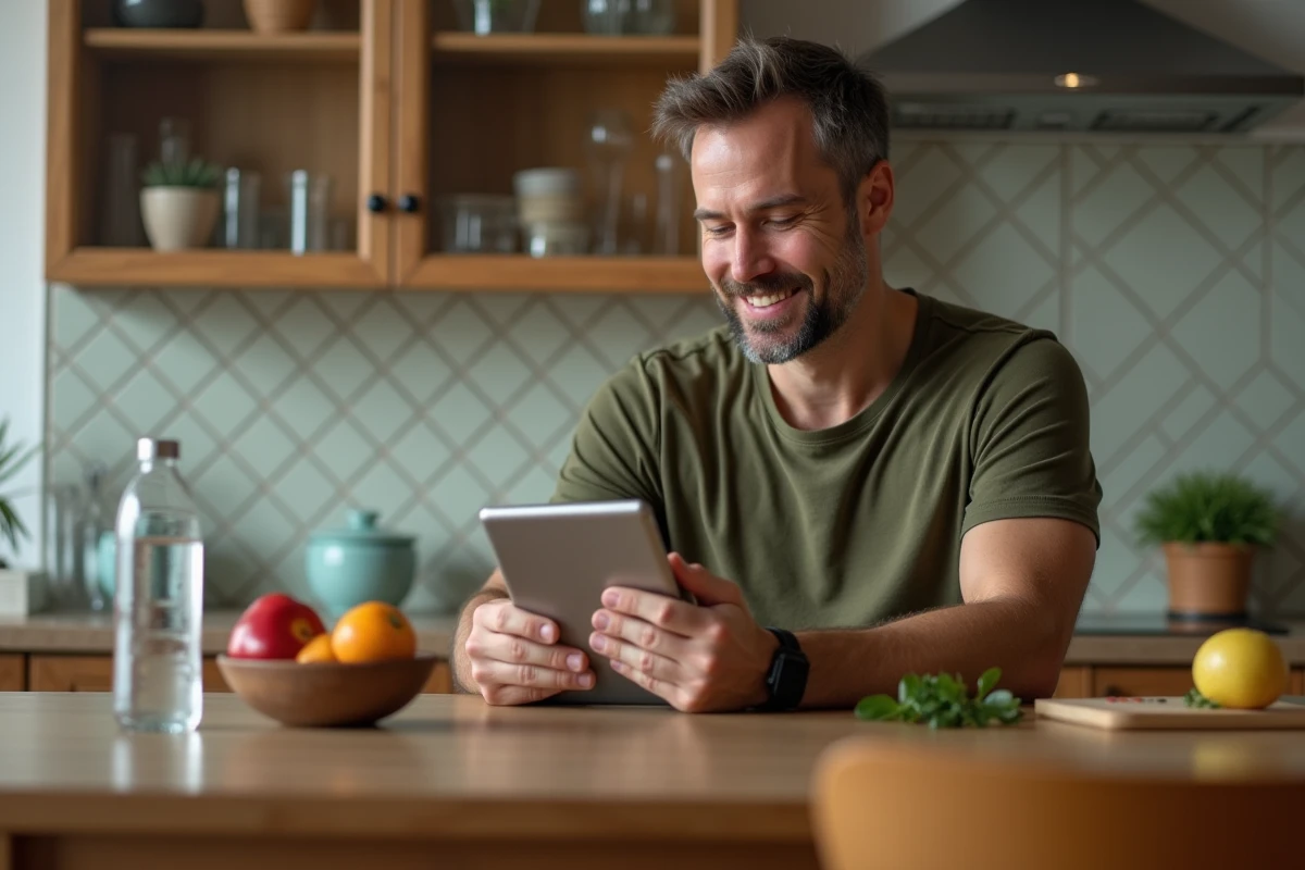 Homme en cuisine regardant son tablet avec fruits