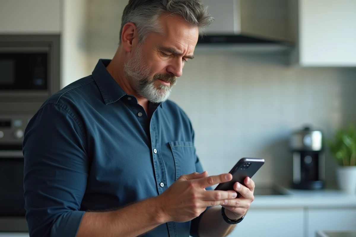 Homme tapant un numéro de suivi DPD sur son smartphone dans une cuisine moderne, tentant de localiser son colis