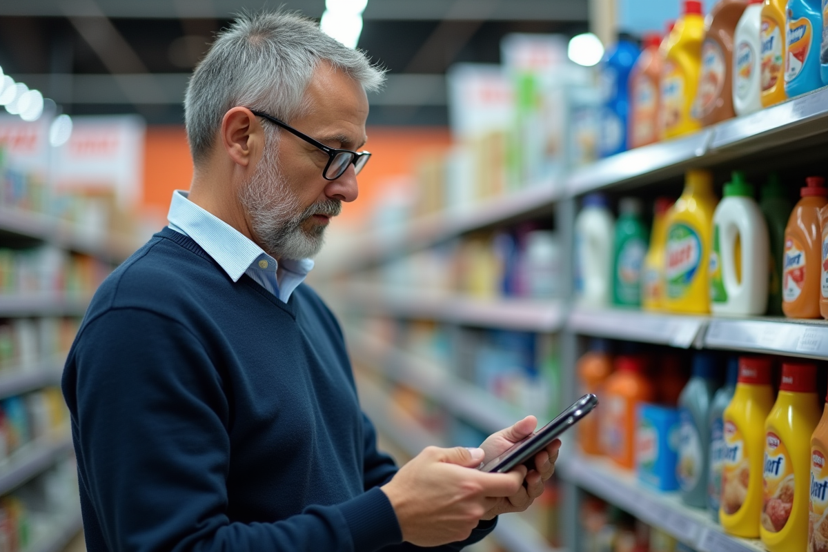 Homme d age moyen scannant des produits en magasin