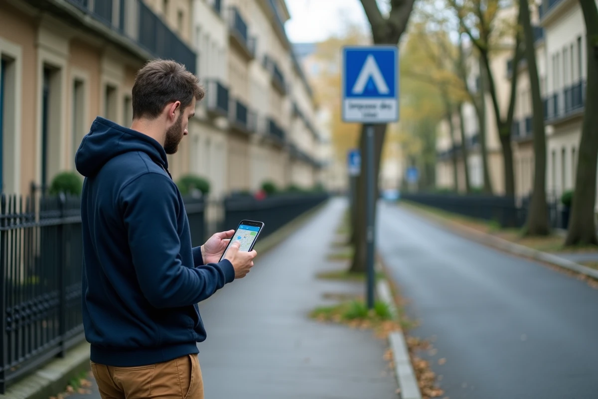 Homme debout dans une rue résidentielle française consultant une application de cartographie sur smartphone pour localiser l'impasse des Lilas