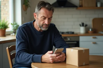 Homme d'âge moyen avec smartphone dans une cuisine
