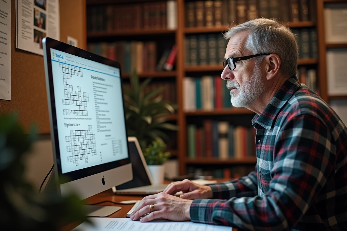 Homme consultant un solver de mots croisés sur ordinateur dans un bureau à domicile avec dictionnaires