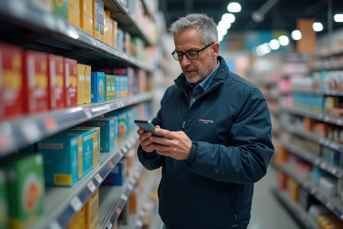 Homme vérifiant les notes et avis d'un produit sur son smartphone dans un magasin avant d'acheter