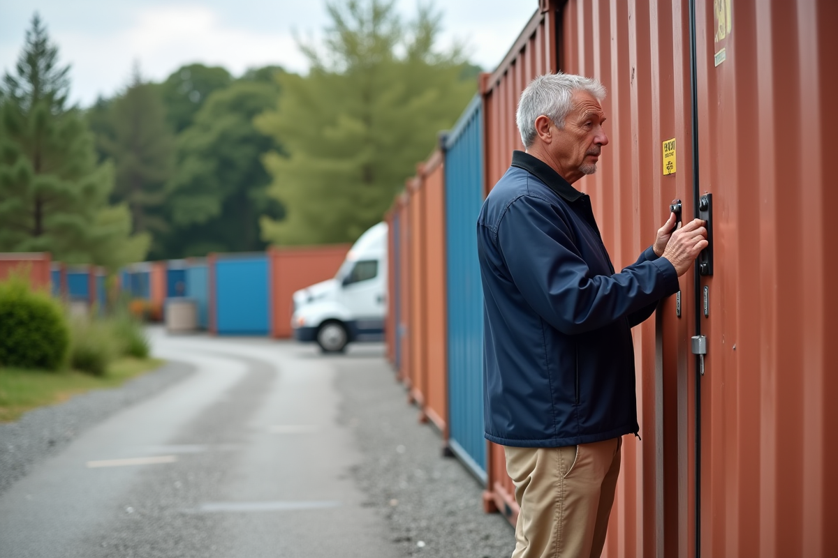 Homme sécurisant un conteneur de stockage en extérieur