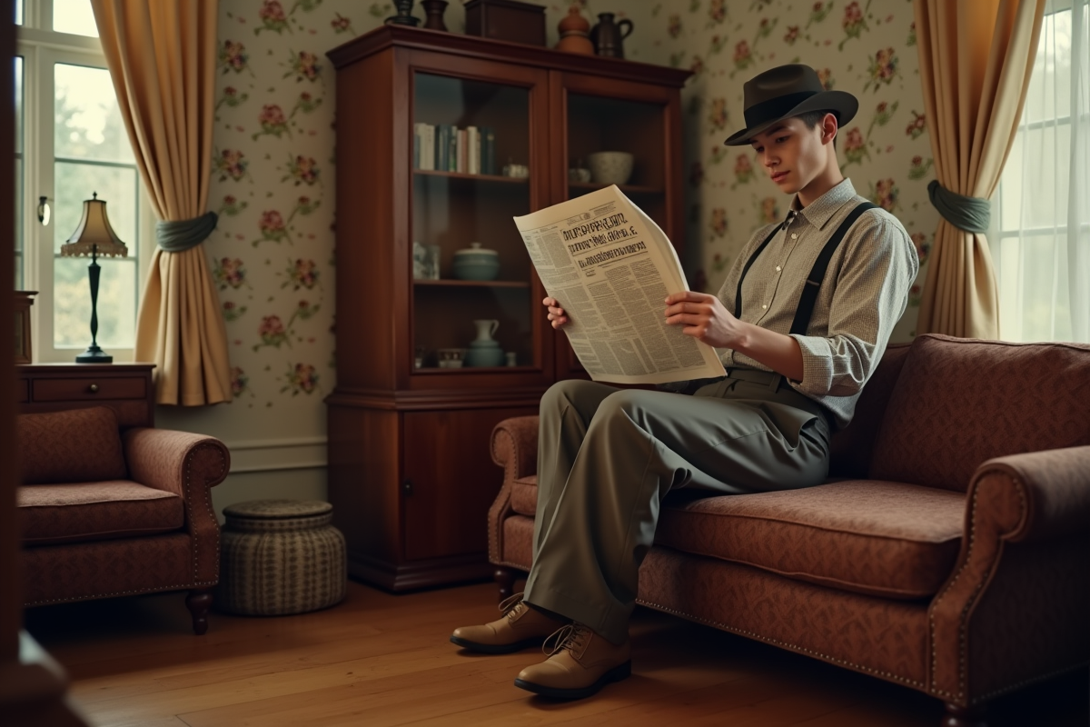 Homme en vêtements d époque lisant un journal dans un salon vintage